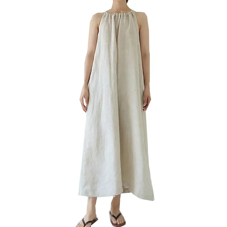 Solid Color Sleeveless Beach Dresses Women Summer Plus Size Cotton Linen Dress