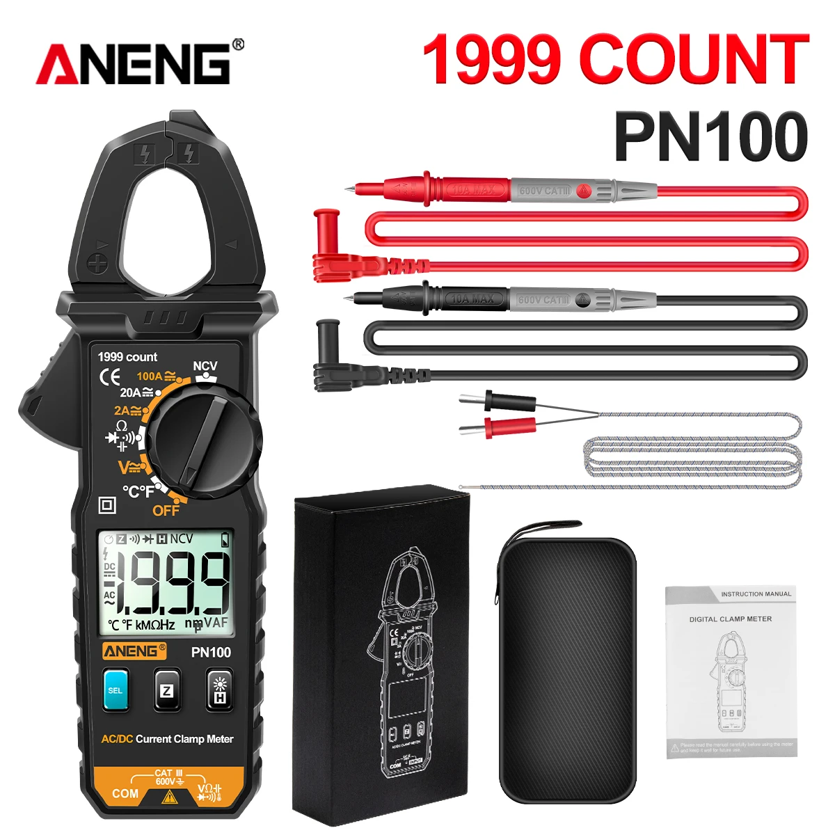 ANENG PN100 Clamp Meter 1mA Accuracy Mini Digital AC/DC Current Clamp Multimeter Resistance Frequency Tester Meter