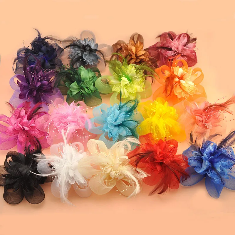 Retro Elegant Elastic Mesh Fascinator Multicolour Feather Broach Flower Clip  Wedding Accessories With Headband Girl clip