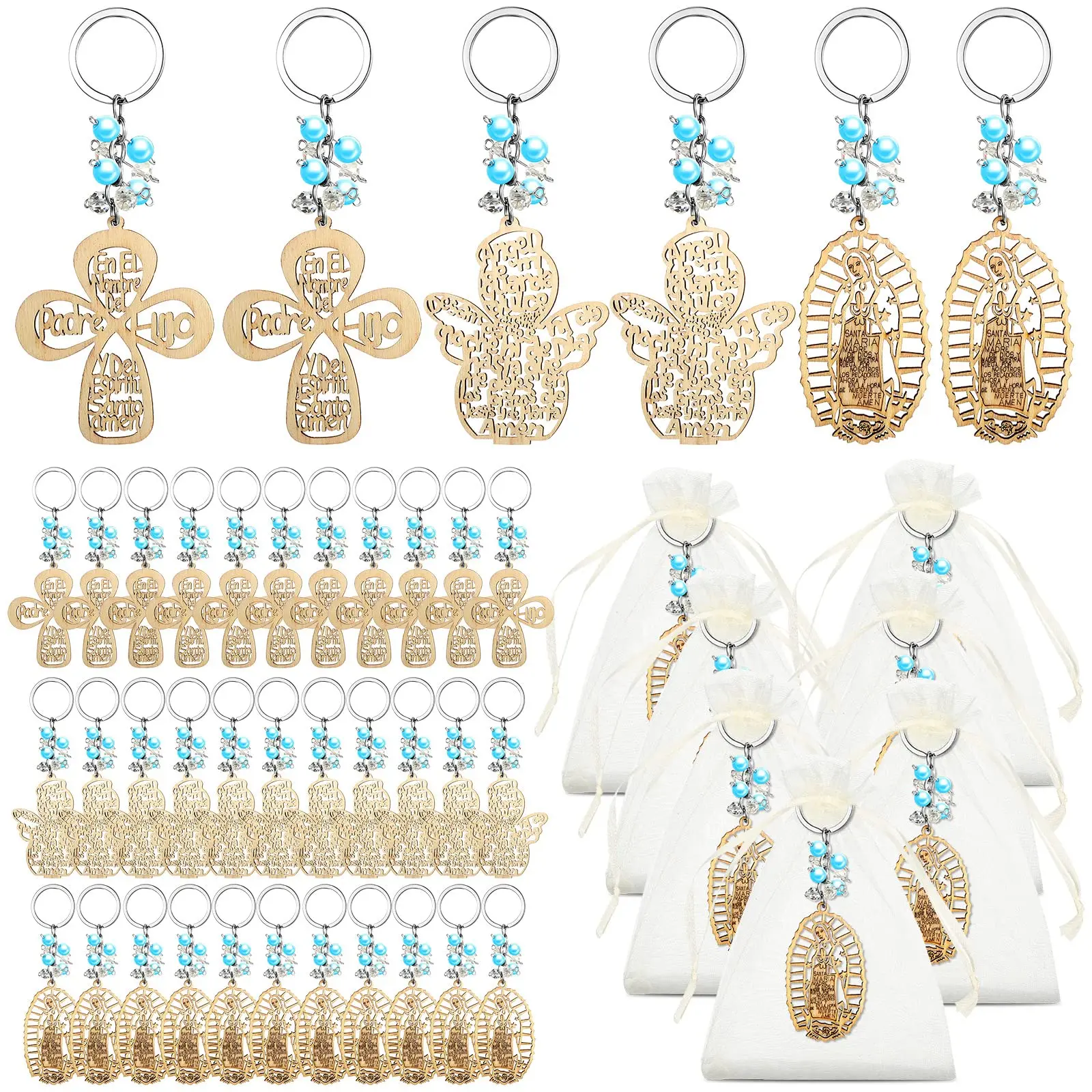 Baptism Key Ring Bautizo Recuerdos De Bautizo Para Cross Wooden Keychain Pendant with Organza Gift Bags Baptism (White Pearls)