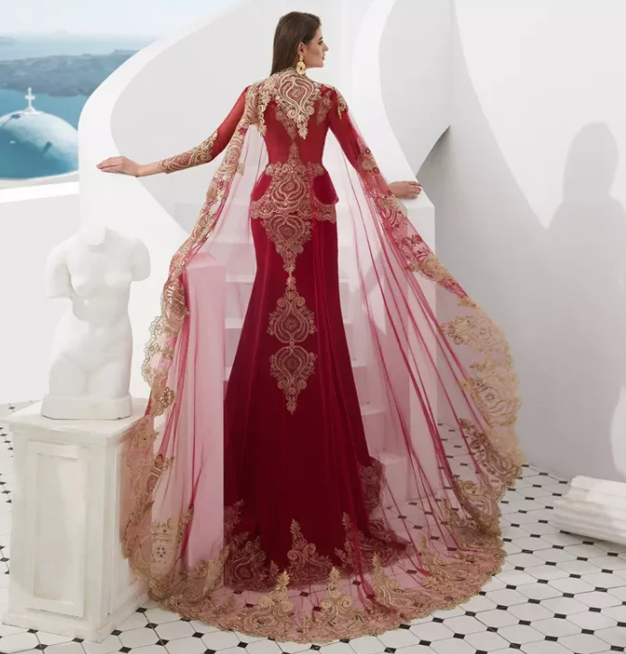 New Plus Size V Neck Mermaid Bridal Golden Lace Mermaid With Shawl Long Sleeve Muslim Dubai Kaftan Evening Dress