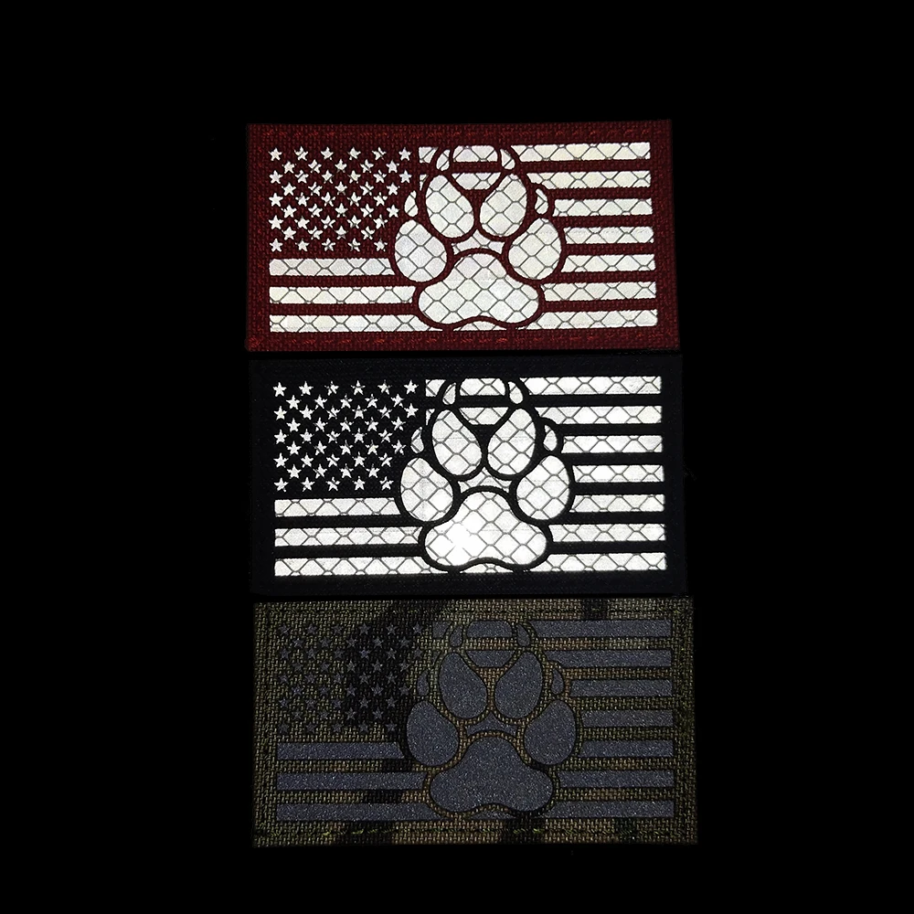 Laser Reflective USA Flag With Dog Claw Square Reflective IR Patch for Tactical Outdoor Patch Sew-on for Dog Animal Bag Cloth