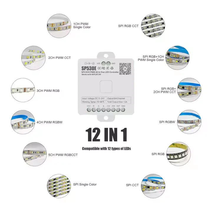 Sp530E Multi-Function Led Controller Blue Tooth Wifi Dc5V~24V SPI+5CH Dual-Mode Master Chip Smart Home App Control Lighting