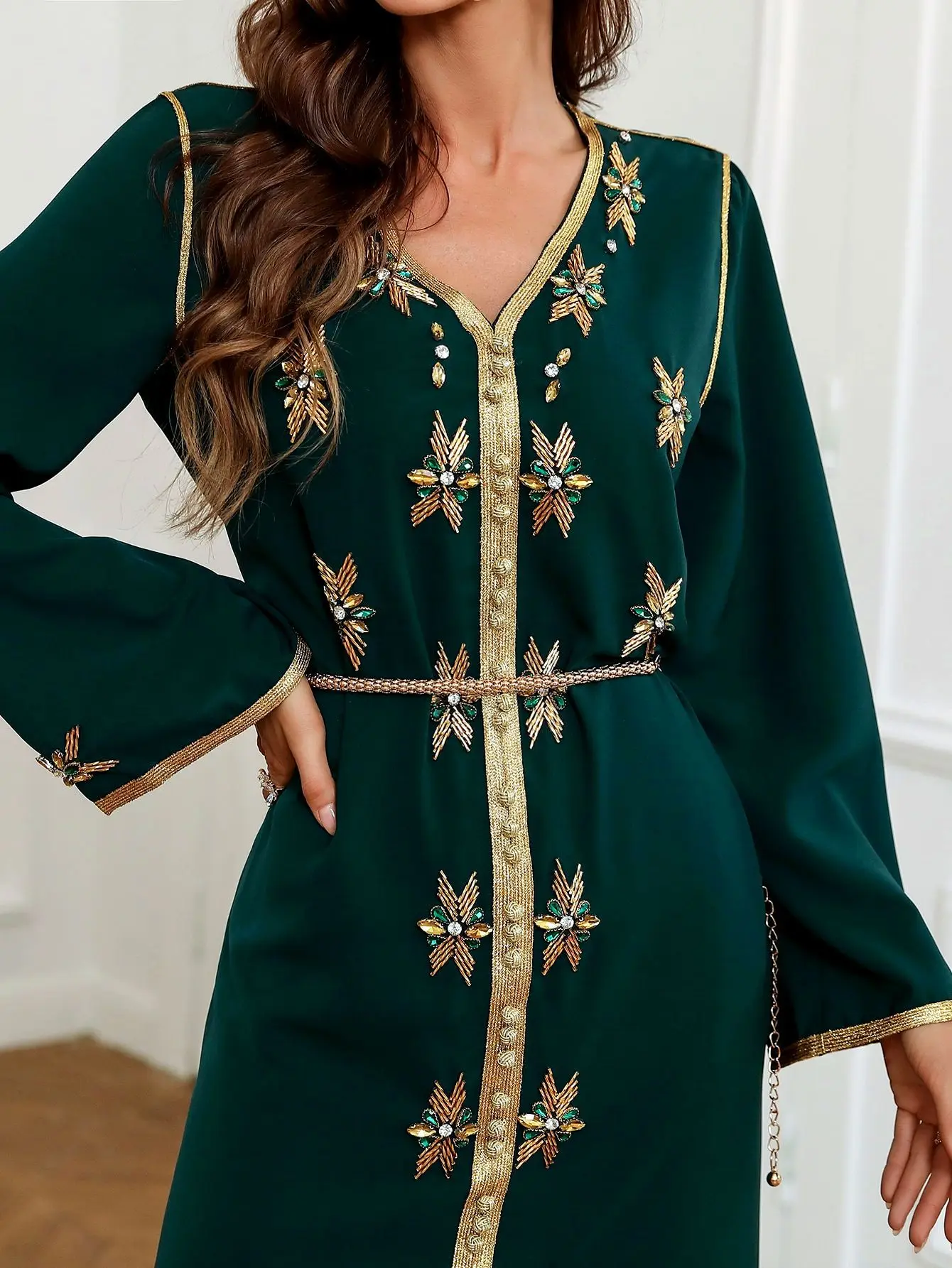 2023 New Black Beaded Islamic Evening Dress Abaya Women Muslim Dress Dubai Middle East Robe  Floor-length Dress