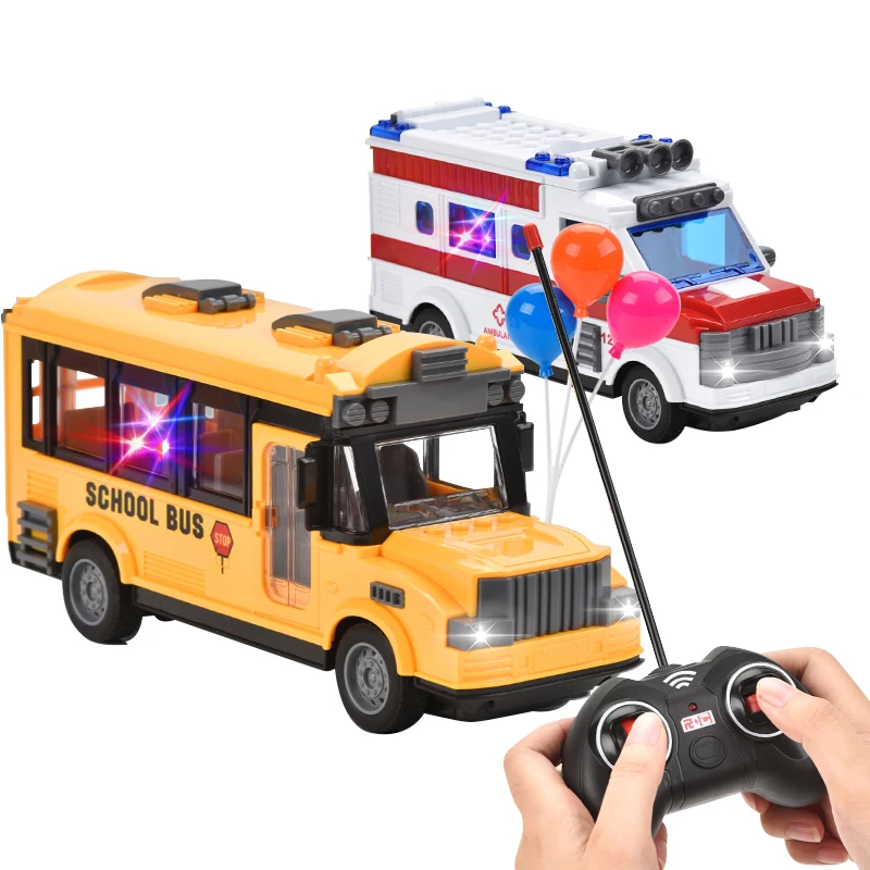 Hot Sale 27Mhz 4-channel Remote Control Open Door Car Model Kids Gift 1:30 Simulation RC School Bus/ Ambulance Toys with Light