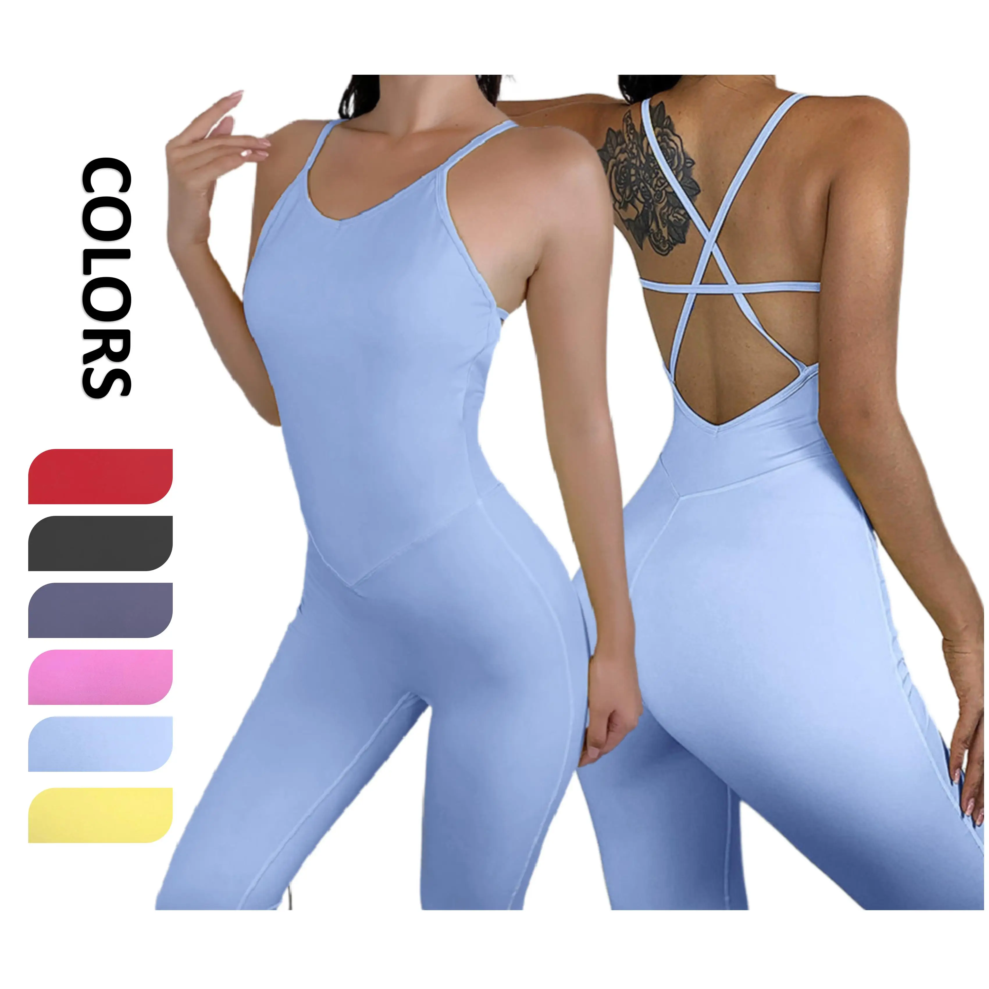 BBZC4001 sapphire Elastic Sport Suits Yoga Rompers Pants Gym Workout Fitness Bodysuits Set Female Seamless Backless Jumpsuits