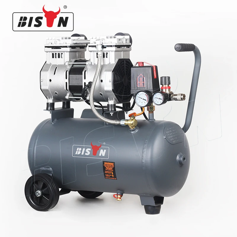 Bison China Cheap 1500W  1.5Kw 24 L Twin Cylinder Oilless Silent Air Piston Compressor 2 Hp Oilles For Dental Machine