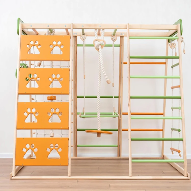 Indoor Wooden Slide and Swing set Wooden Indoor Climbing Frame Kids Playground Equipment wooden Climbing wall toys