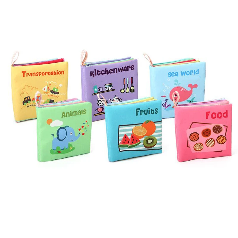 Wholesale baby cloth books 6pcs early education infant cartoon teething  fabric book kids can bite washable cognition book toys