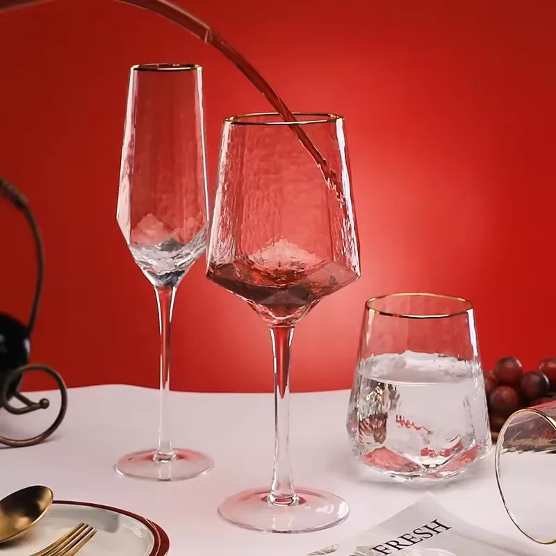 Wholesale Nordic Hammer Gold Rim Water Glass Set Goblet Custom Crystal Champagne Red Wine Glasses Goblets for Wedding Hotel