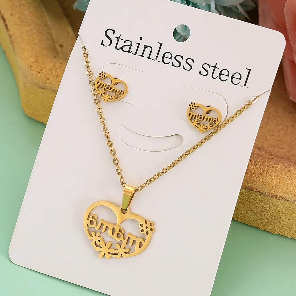 Go Party Stainless Steel Heart ECG Butterfly Angel MaMa Five-Pointed Star Pendant Necklace Earrings Jewelry Set For Women Girls