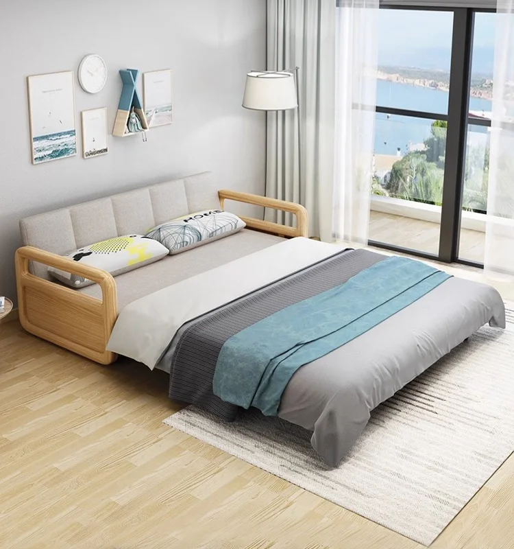 Living room furniture, wooden double sofa bed, pull-out sofa bed with storage cabinet