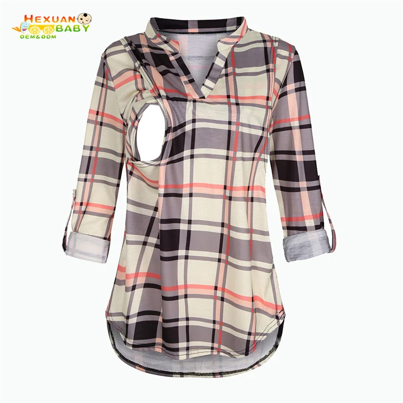 2021 Pregnancy Nursing Mom 3/4 Sleeve Plaid Print Loose Tshirt With V Neck For Maternity Breastfeeding Women Clothes Shirt