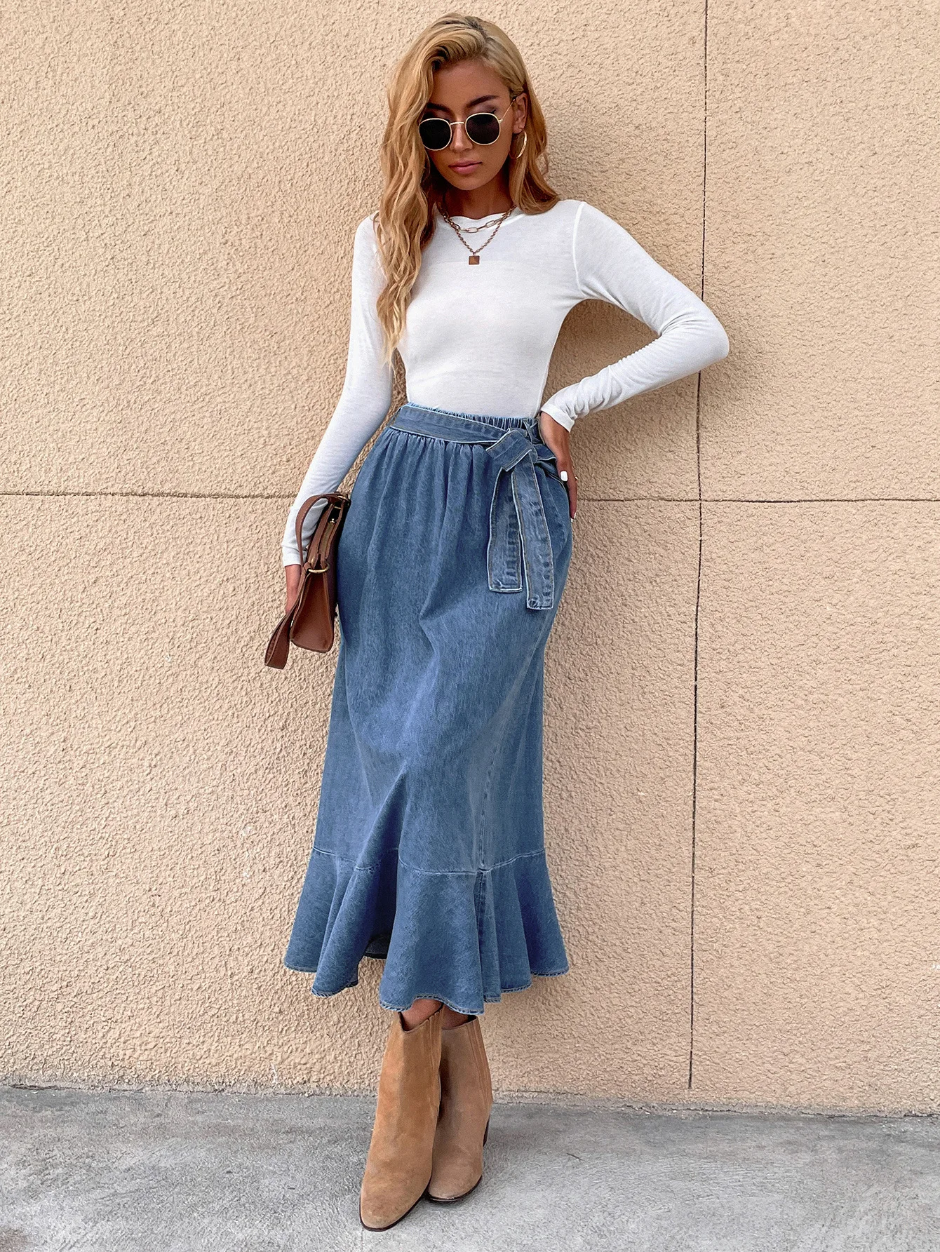 Wholesale European and American Casual Denim Skirt For Women High waist Long Ruffled Pleated Skirt