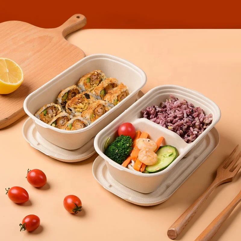 N700 Bagasse Fiber single paper bowl takeout boxes bamboo pulp 700ml Rectangular Paper Food bowl container