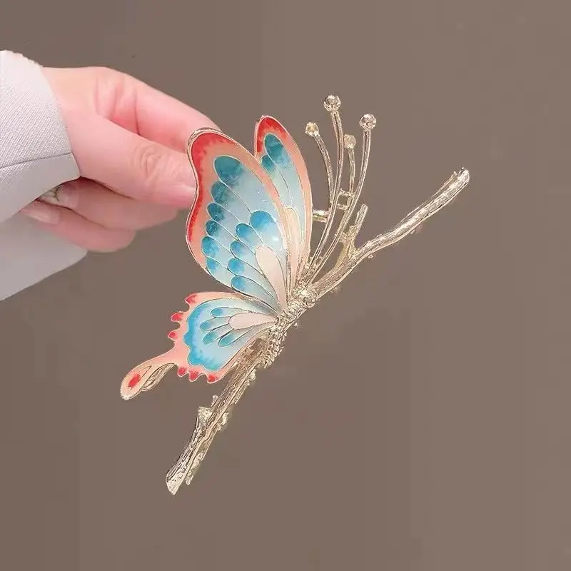 4 Inch  2 Styles Strong Hold Matte Claw Hair Accessories for Women With Long Thick & Thin Hair -Enamel Butterfly Metal Hair Clip