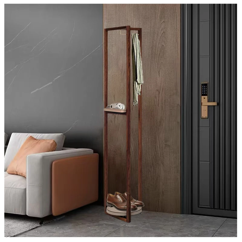 New bedroom multifunction simple home floor-standing coat rack leather clothes stands & shoe racks with walnut wood frame