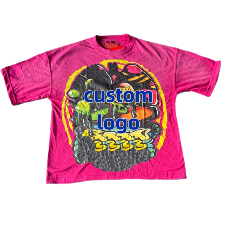 220gsm Rose Red Tees Custom Logo 100% Cotton Dropped Shoulders Crew Neck T Shirt Pattern Digital Print Short T-Shirts For Men