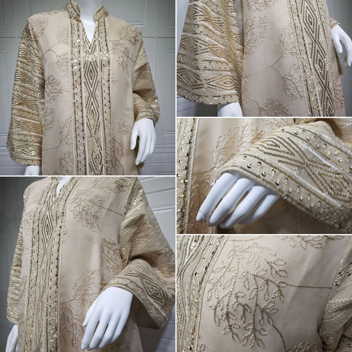 AB423 Luxury Abaya Women Muslim Dress Long Sleeve Embroidered Sequined Robe Middle Eastern Kaftan Dresses Muslim Evening Dress