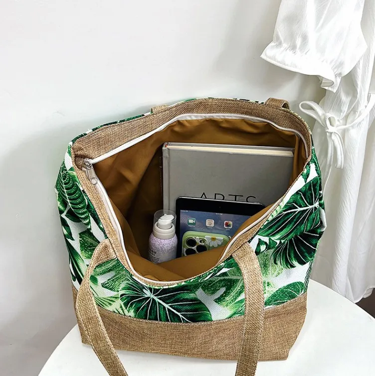 Hot Selling Trend Cotton Linen Summer Beach Towel Tote Large Capacity Shopping Bags Tropical Print Handbag For Lady