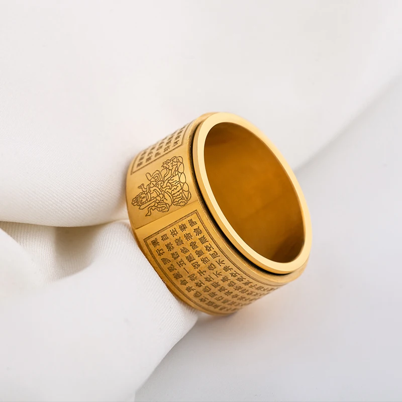 Southeast Asian Trend Personality Stainless Steel Plated 18K Gold Buddhist Heart Scripture Rings
