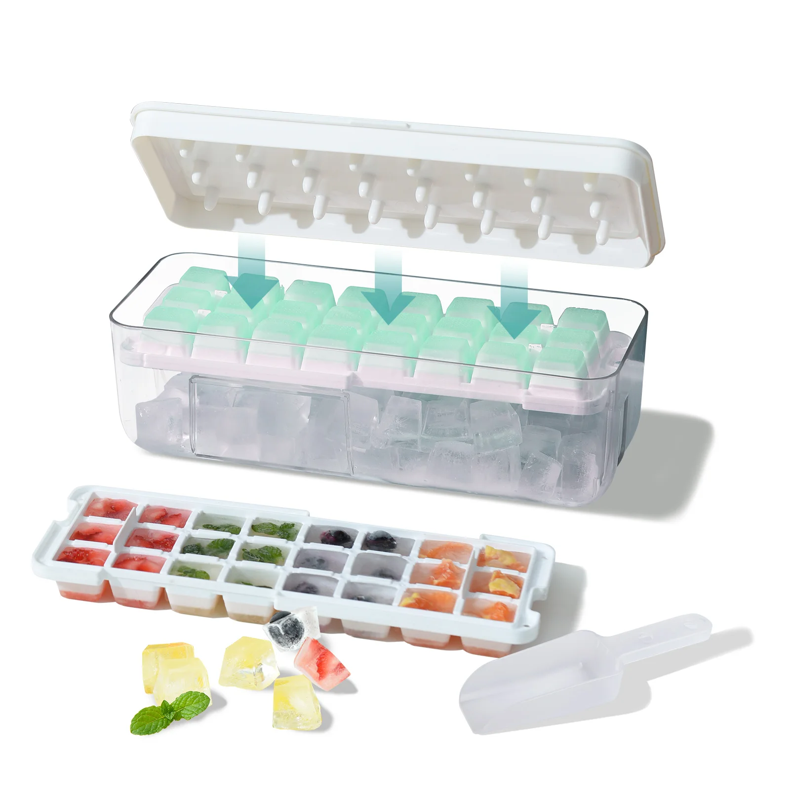 USA Warehouse Free Shipping Ice Cube Trays Silicone Ice Maker Mold for Freezer with Ice Storage Box and Scoop