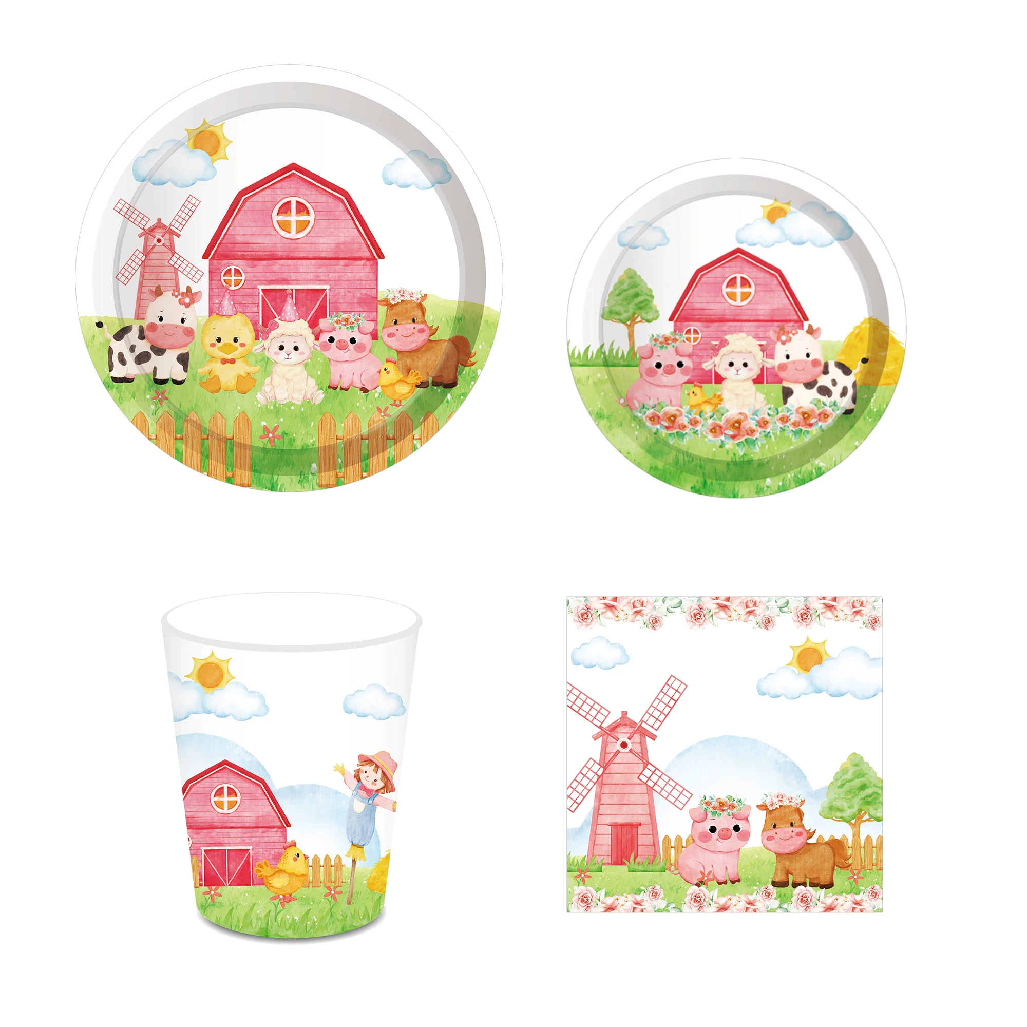 Huancai Pink Farm Animals Party Supplies Barnyard Paper Plates Cups Napkins Disposable Tableware Set for Kids Birthday Decor