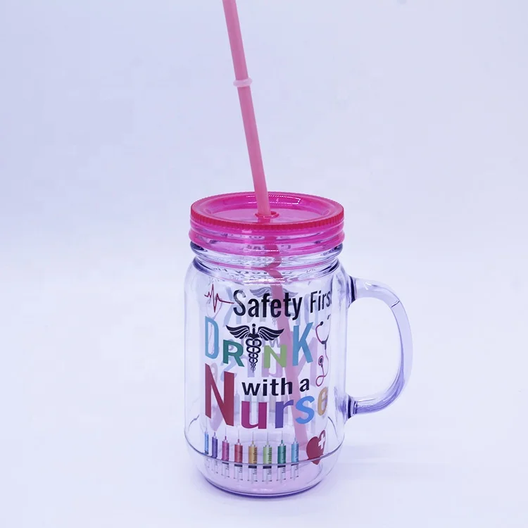 Wholesale Customized Plastic double wall snow globe 20oz plastic mason jar with handle and straw