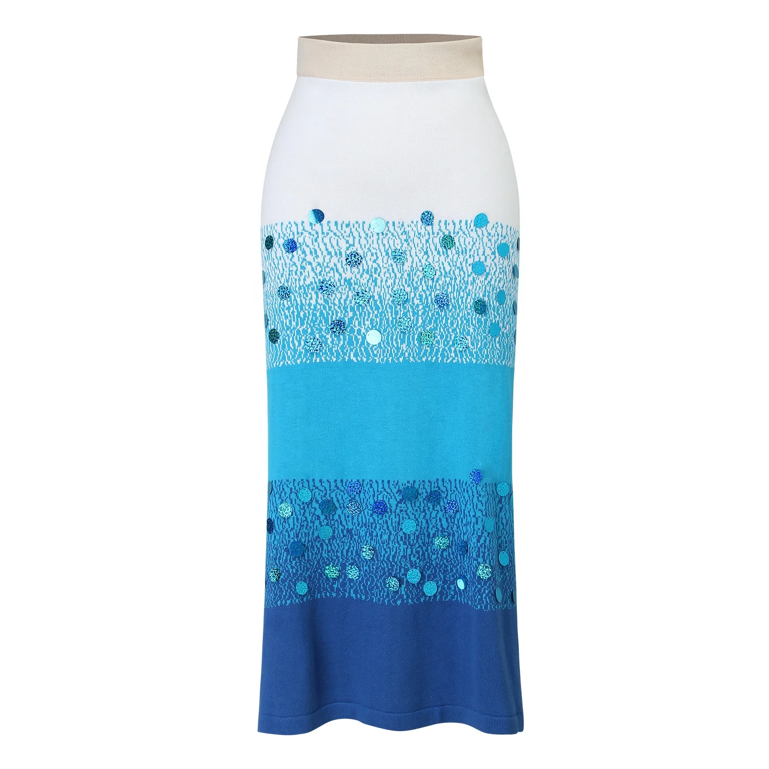 Custom Designer Korean Summer Clothes for Women Elegant Blue White Gradient Tie Dye Panelled Midi Pencil Knit Female Skirt 2024