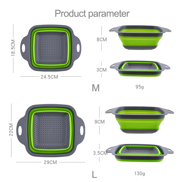 2pcs/Set Amazon Hot Sale Silicone Colapseable Strainer Pots Collapsible Colander Kitchen Foldable Draining Basket