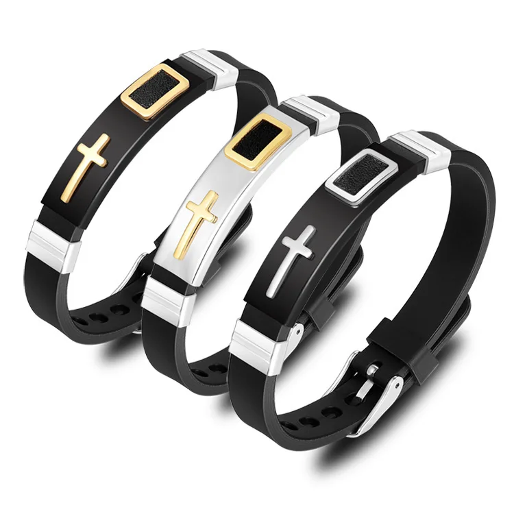 2021 New Men Cross Classic Black Silver Stainless Steel Men Bracelets With Watchband Buckle