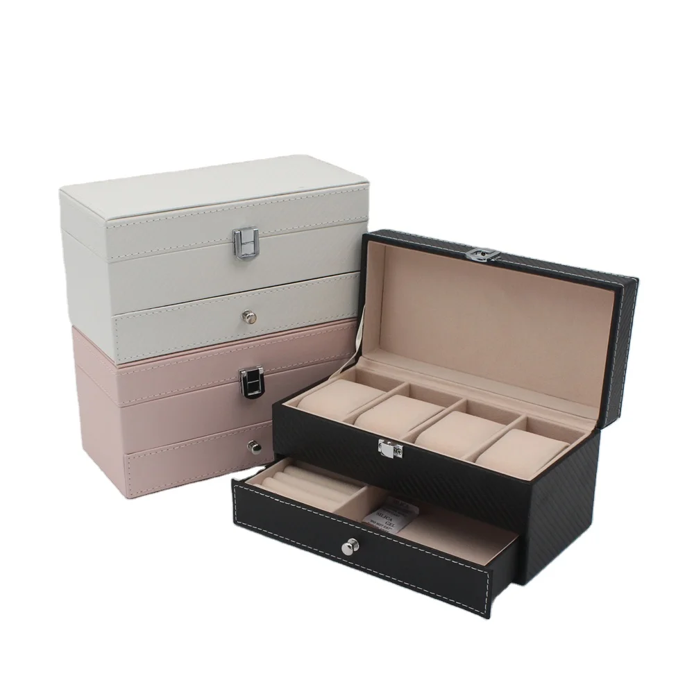 Cute 4 slots watch jewellery packaging box with white pu leather 2 slots jewel ring display storage with drawer