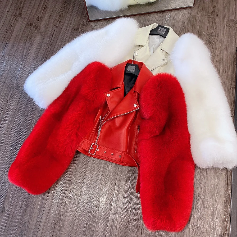 Red lambskin leather cropped jacket women leather biker jacket leather real fox fur jacket