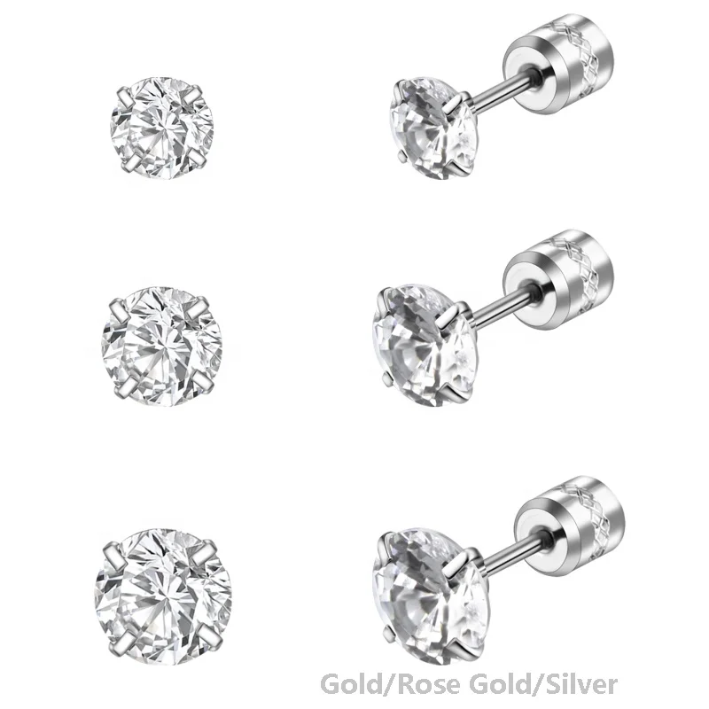 Wholesale Hypoallergenic Round Cubic Zirconia Earring Stainless Steel Gold Plated Jewelry CZ Stud Earrings Men Women