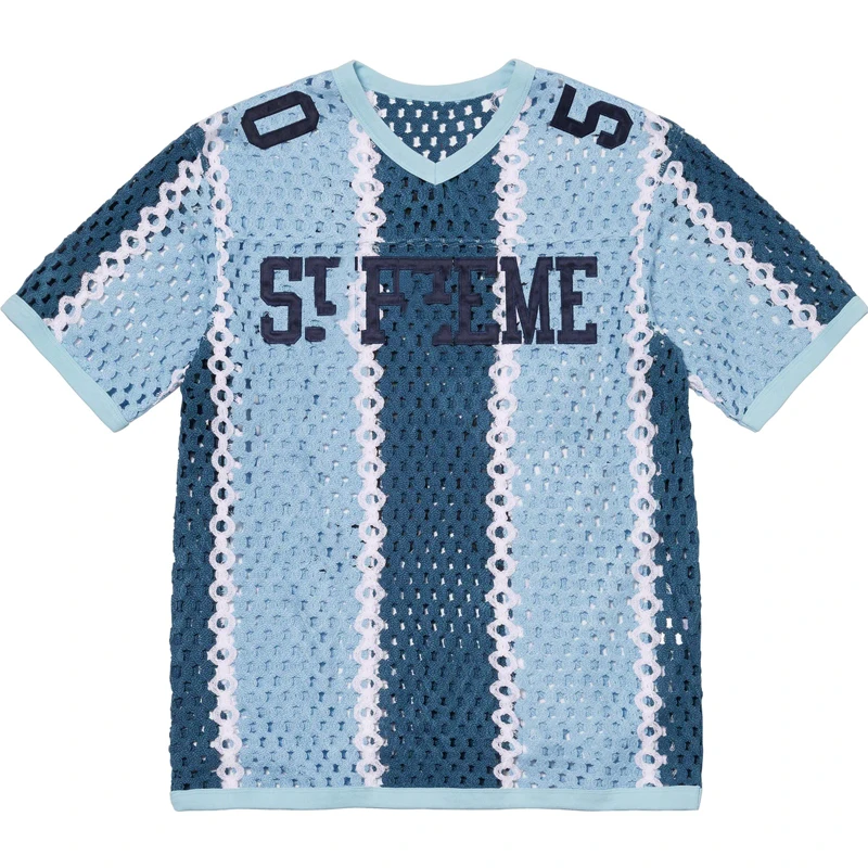 Custom Logo OEM ODM Knit Eyelet Mesh Sweater Short Sleeve Soccer Knitwear Street Fashion Crochet Football Jersey Men