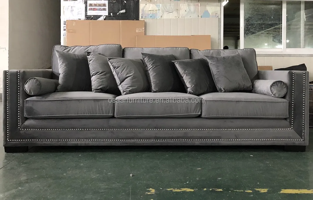 Accent European Style Living Room Grey Velvet Upholstered 4 Seater Fabric Sofa Furniture