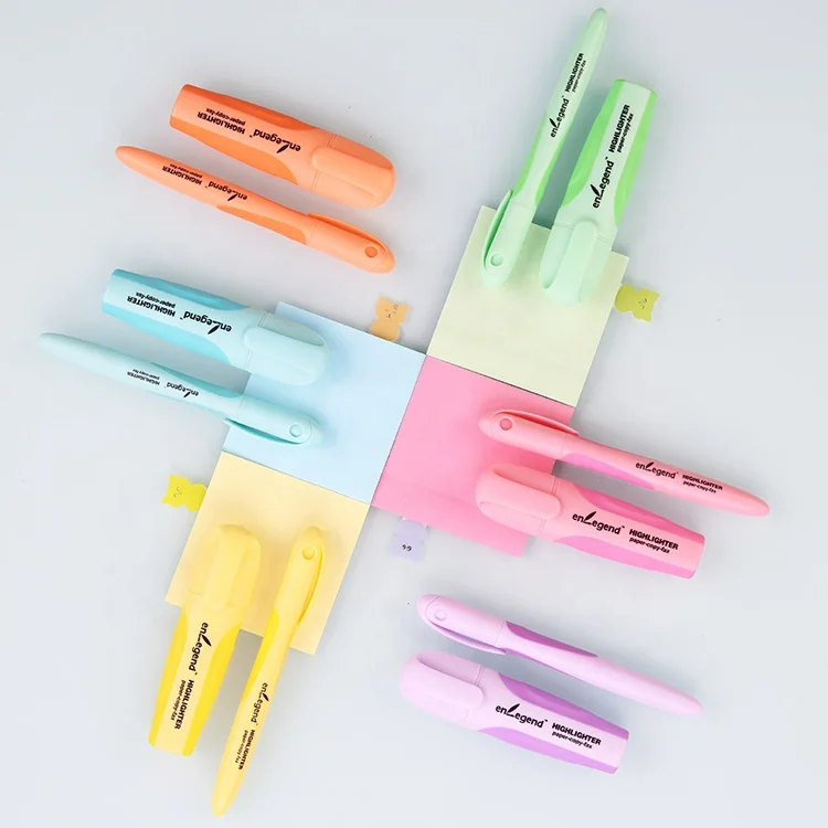 Fashionable Design Pastel Color Text Marker Pen Highliters Stationery Style Customer Logo With Rubber Grip
