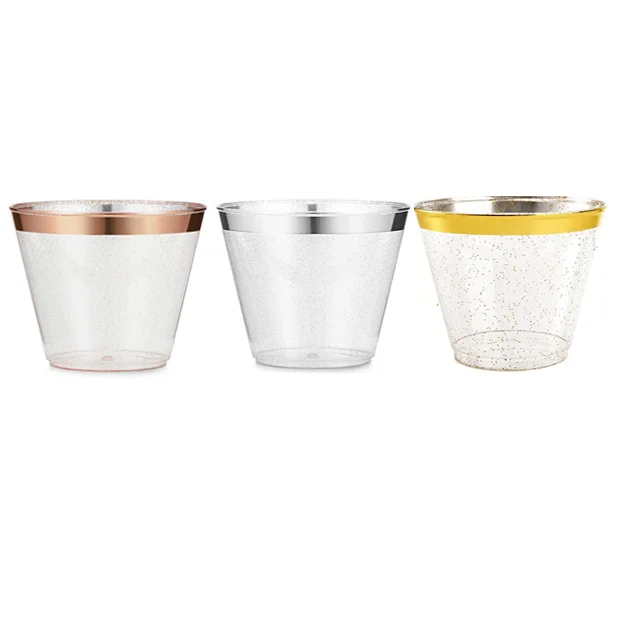 Disposable 9 oz Color Rim with Glitter Plastic Cups Hard Plastic  gold / rose/gold/silver rim with colorful glitter