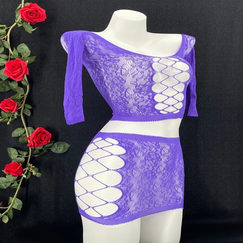 New Arrival Sexy Bodysuit Plus Size Sheer Nylon Bodystockings 2 Pieces Off Shoulder Long Sleeve Body Stockings Top+ Skirt Set