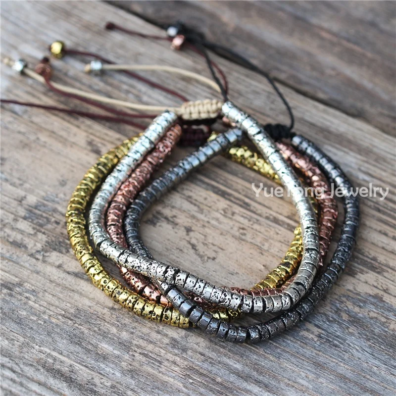 Bohemian Dainty Beaded 4mm Plated Natural Lava Stone Adjustable Bracelet Ethnic Tibetan Multi Colors Gemstone Jewelry Wholesale