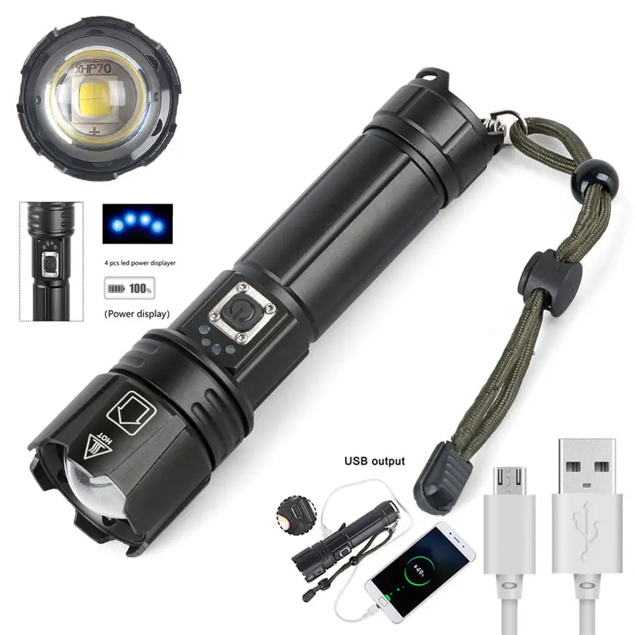 Ultra Bright XHP70.2 LED Flashlight Rechargeable USB Zoomable Torch 18650 26650 Hunting Torch Light For Outdoor