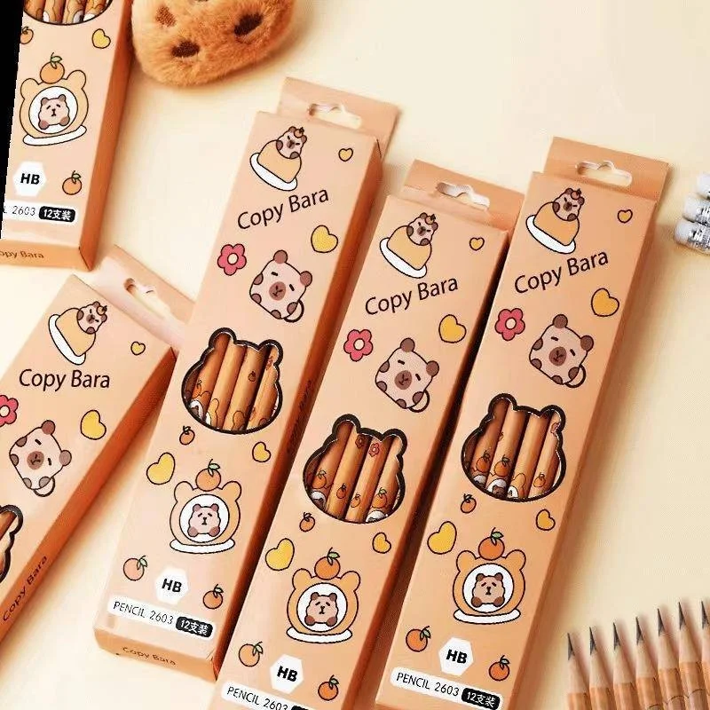 12Pcs/Box Anime Cartoon Capybara Natural Wooden Pencil 2B HB Black Lead Wood Writing Pencils School Stationery Birthday Gift