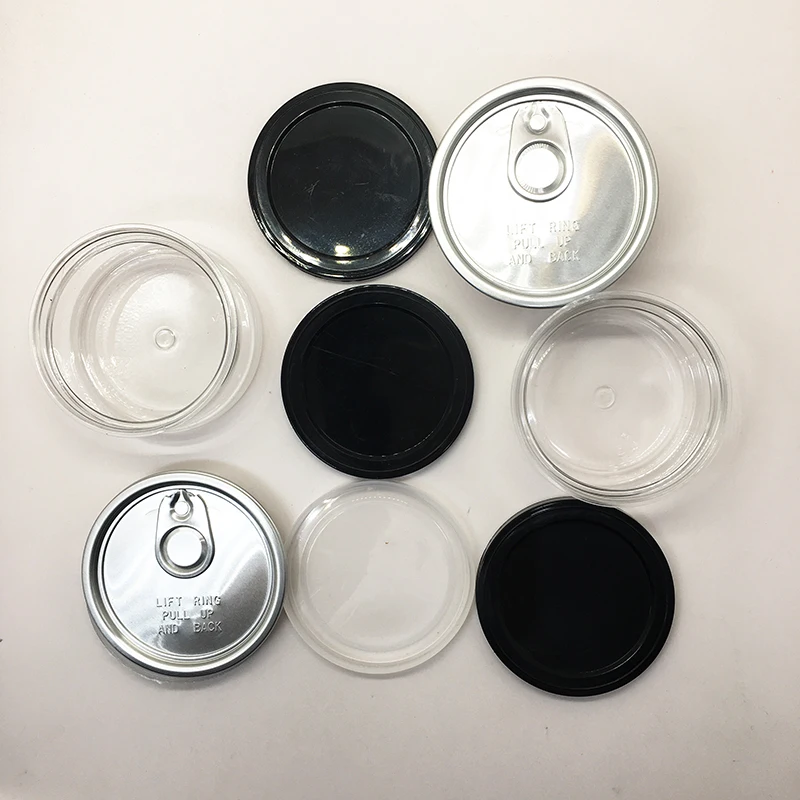 
Black Lid Plastic Can Cover Food Canned Container Jars Dry Herb Tin Aluminum Pull Tab Lid with Clear Plastic Overcaps 
