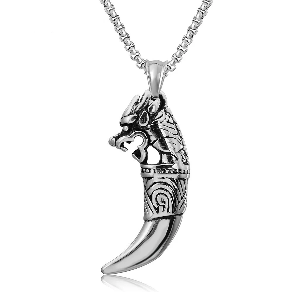 Antique Design dragon head exquisite carving tiger lion wolf fang pendant necklace Hip Hop Rock Dragon Teeth Men Retro choker