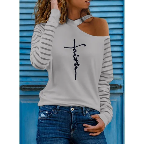 Autumn ladies long sleeve diagonal shoulder letter print T-shirt plus size top