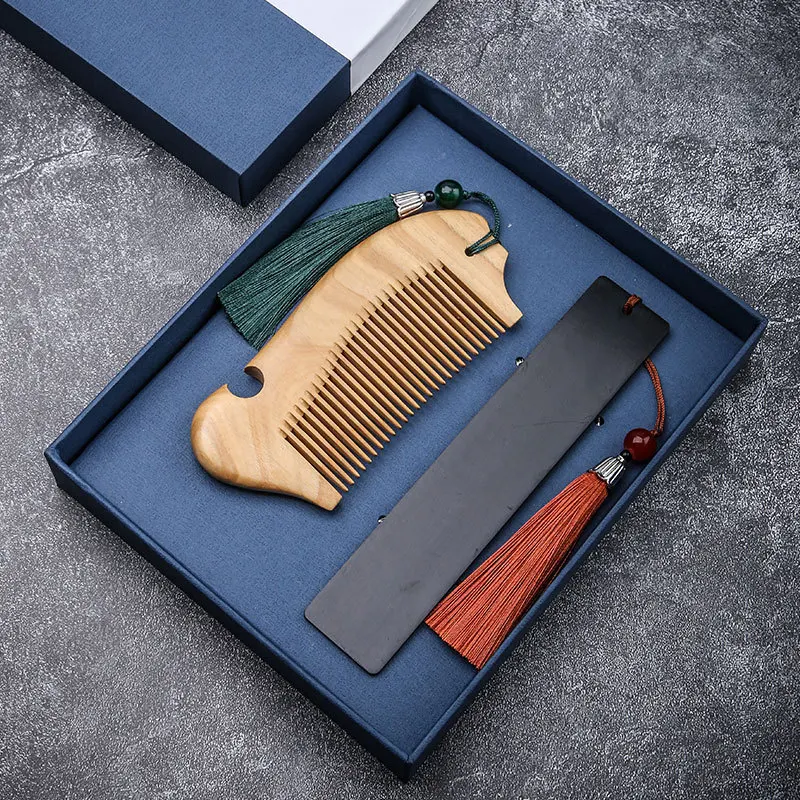 2022 Chinese style novelty gift bookmark sandalwood comb gift box set hairpin signature pen business gift