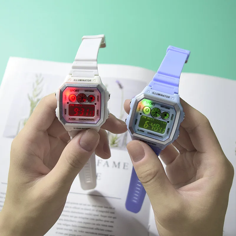 Rectangular case LCD digital watch electronic digital LED colorful luminous fashion men and women quartz digital led wrist watch