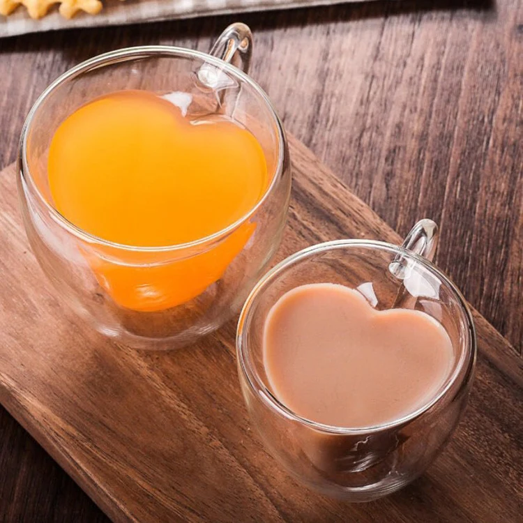 80ml 180ml 280ml Heart-shaped Double wall glass coffee cup with handle