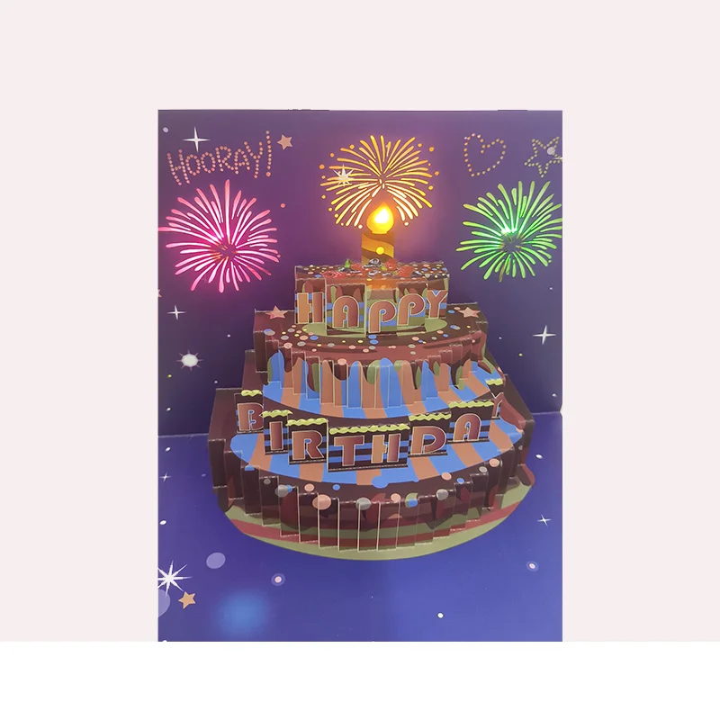 New arrival Lights and music 3D pop-up firework cake birthday card Creative handmade happy birthday card blessing gift