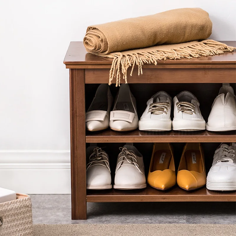 
3-tier stable entry bamboo solid wood shoe bench rack with storage organizer shelf 